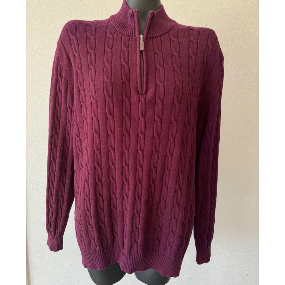 Club Room Mens XL Pima Cotton Cable Knit Quarter Zip Sweater Burgundy Minimalist
